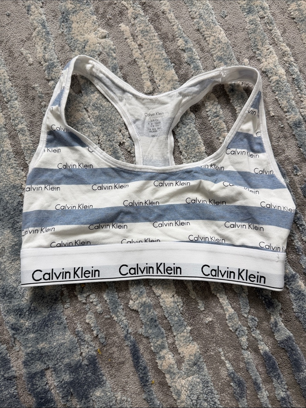 Calvin Klein White and Light Blue Striped Logo Racerback Bralette